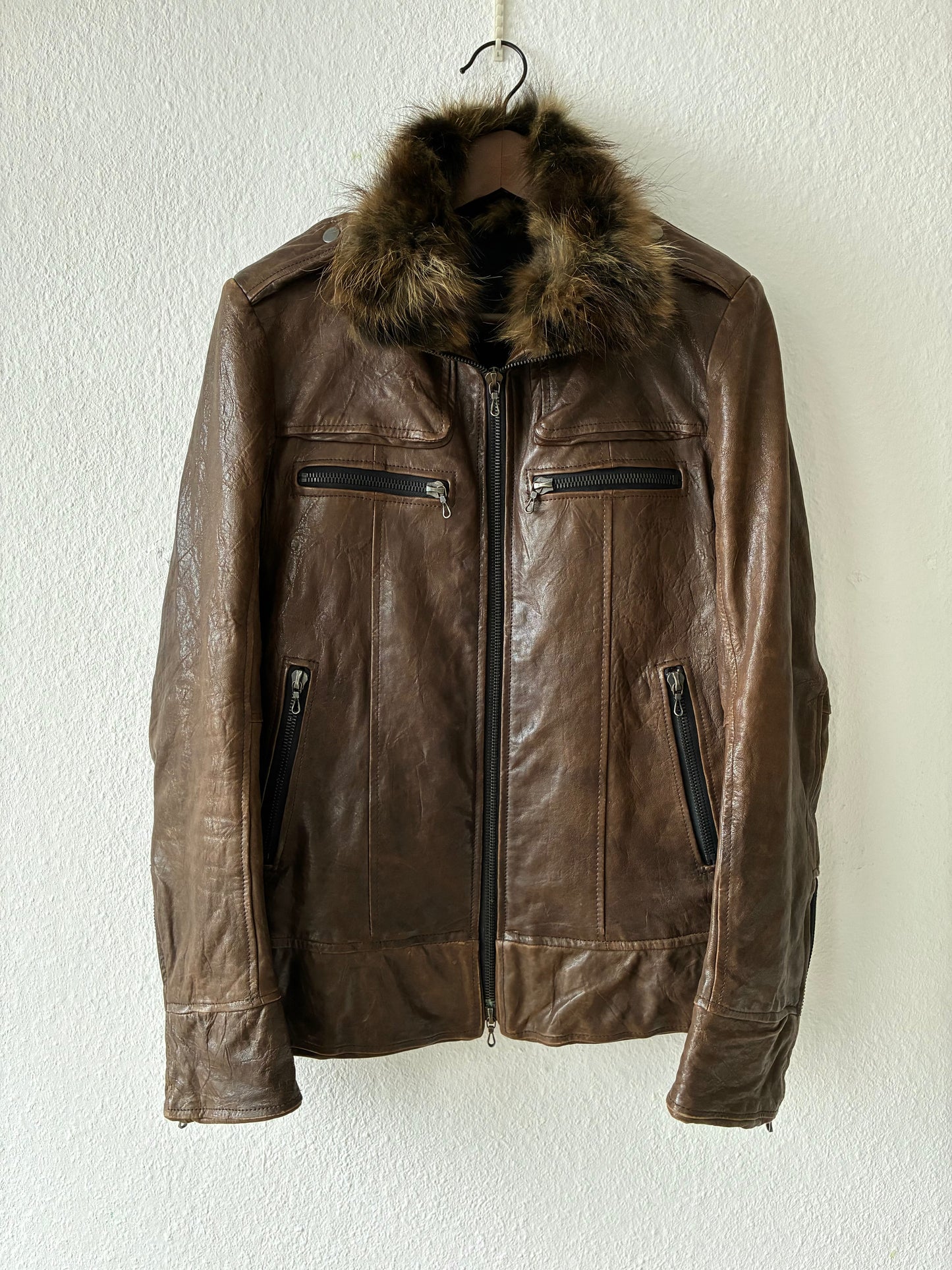 Shellac Fur Collar Leather Jacket