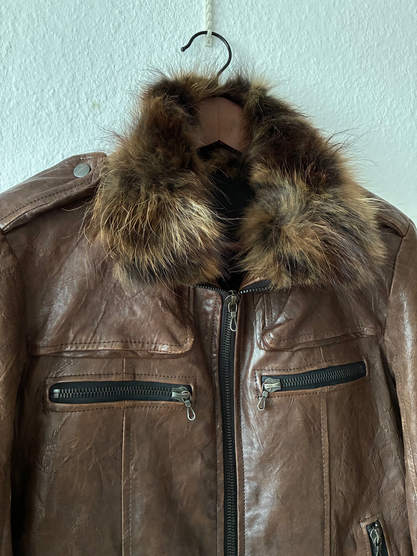 Shellac Fur Collar Leather Jacket