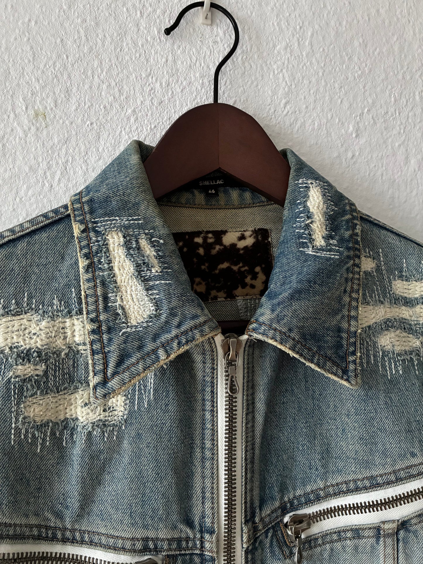 Shellac Distressed and Repaired Denim Jacket