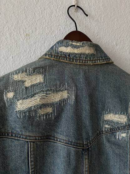 Shellac Distressed and Repaired Denim Jacket